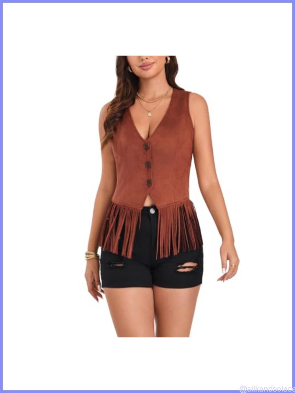 Retro Suede Fringe Vest Sleeveless Open Front Cowgirl Button Top